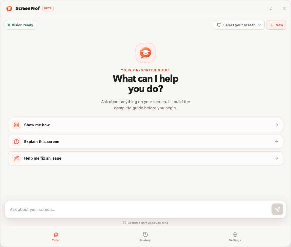 Repository browser preview. Tutor responses are simulated; screen capture and overlays require Electron.