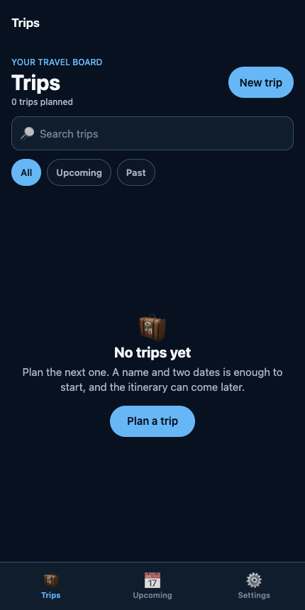 Live browser demo showing the initial trip list.